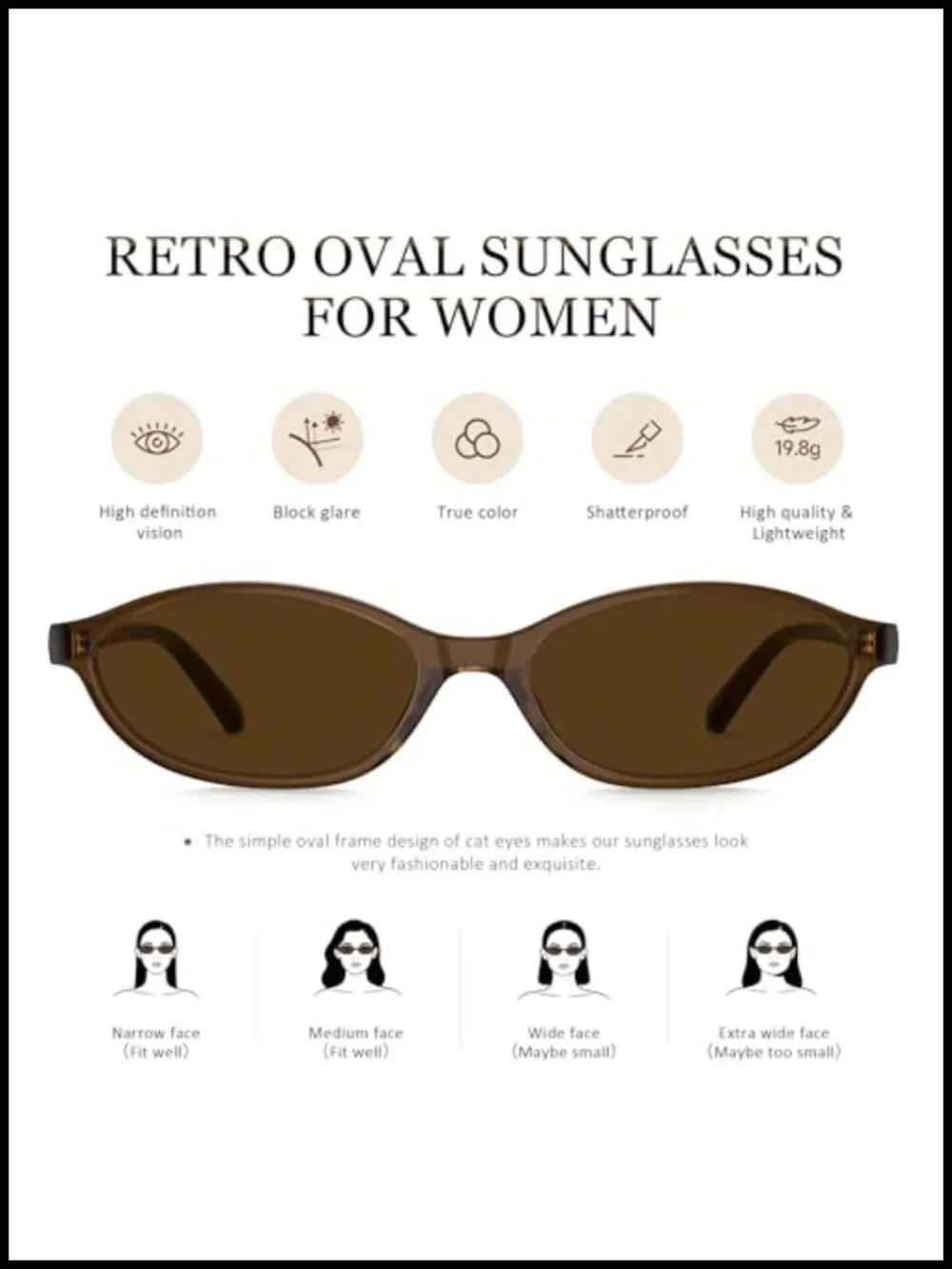 Retro Oval Cat Eye Sunglasses UV400 Lightweight Narrow Shades